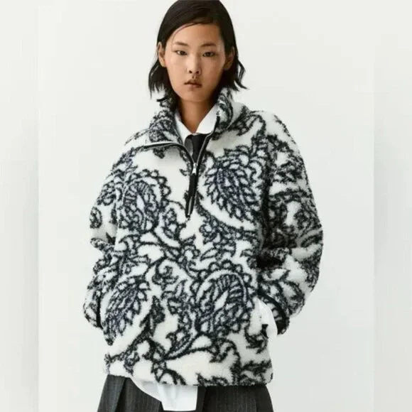 H&M Black & White Floral Sherpa Fleece Pullover Half Zip Teddy – Size S - Picture 2 of 6